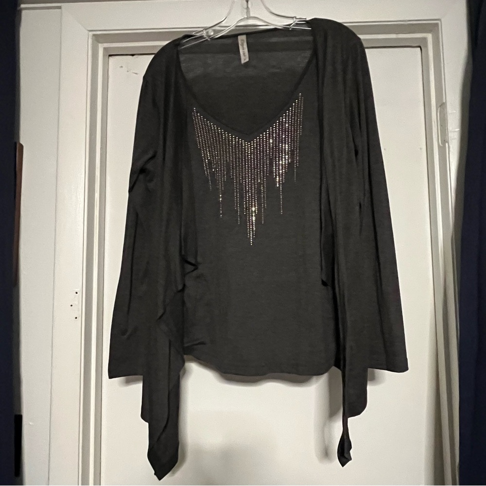 Espresso Charcoal V-Neck Sweater with Rhinestone Accents